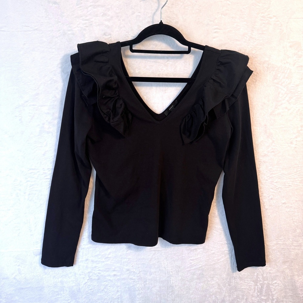 Drew Black Long Sleeve Ruffle V-Neck Top Womens Small Slim Fit Contemporary Chic